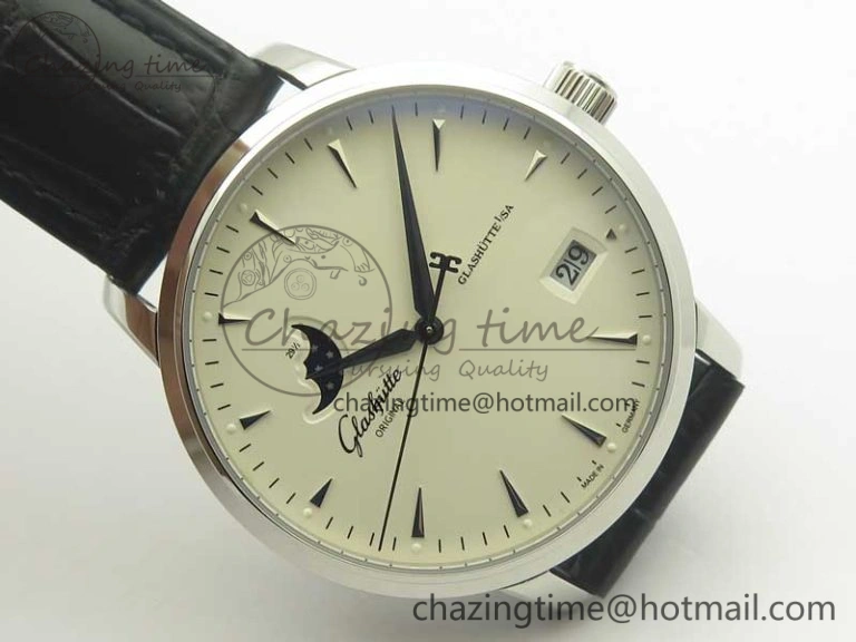 Comfortable Excellence Panorama Date Moon Phase SS ETC Marker 1:1 Best Edition White Dial on Black Leather Strap A 6644
