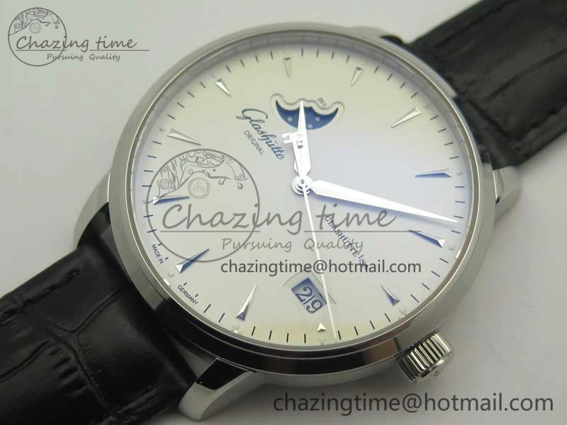 Comfortable Excellence Panorama Date Moon Phase SS ETC Marker 1:1 Best Edition White Dial on Black Leather Strap A 6644