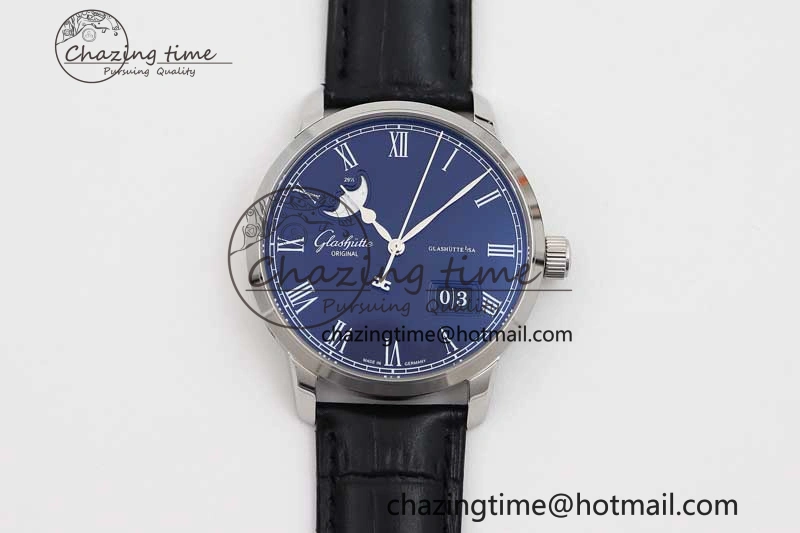 TopPick Excellence Panorama Date Moon Phase SS GGR 1:1 Best Edition Blue Dial on Leather Strap NH 6616