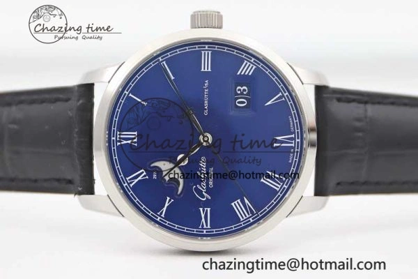 TopPick Excellence Panorama Date Moon Phase SS GGR 1:1 Best Edition Blue Dial on Leather Strap NH 6616