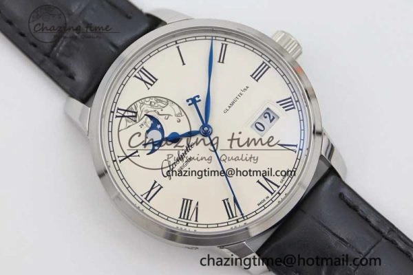 SportInspired Excellence Panorama Date Moon Phase SS GGR 1:1 Best Edition White Dial on Leather Strap NH 6619