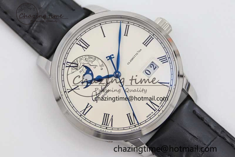 SportInspired Excellence Panorama Date Moon Phase SS GGR 1:1 Best Edition White Dial on Leather Strap NH 6619