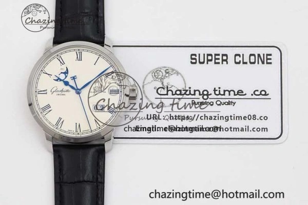 SportInspired Excellence Panorama Date Moon Phase SS GGR 1:1 Best Edition White Dial on Leather Strap NH 6619