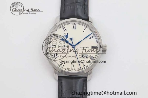 SportInspired Excellence Panorama Date Moon Phase SS GGR 1:1 Best Edition White Dial on Leather Strap NH 6619