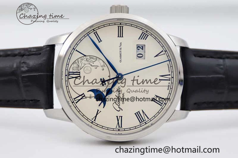 SportInspired Excellence Panorama Date Moon Phase SS GGR 1:1 Best Edition White Dial on Leather Strap NH 6619
