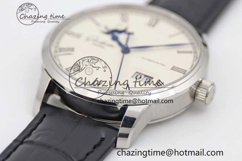 SportInspired Excellence Panorama Date Moon Phase SS GGR 1:1 Best Edition White Dial on Leather Strap NH 6619