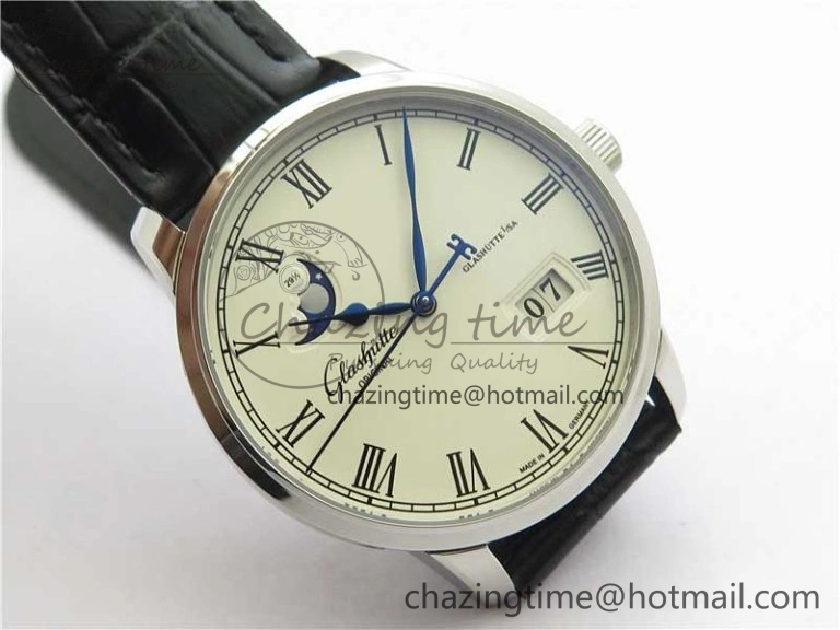 Excellence Panorama Date Moon Phase SS GLF 1:1 Best Edition White Dial on Black Leather Strap A Sleek 6620