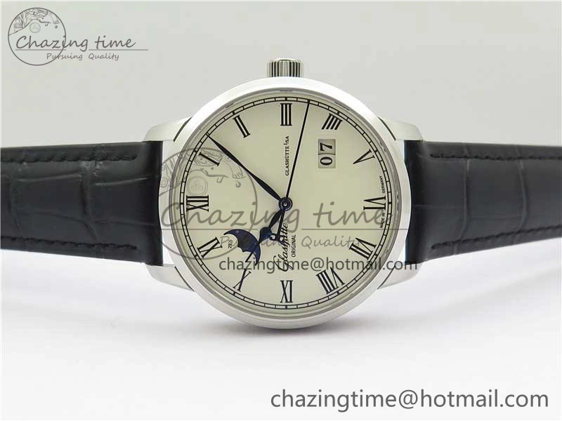 Excellence Panorama Date Moon Phase SS GLF 1:1 Best Edition White Dial on Black Leather Strap A Sleek 6620
