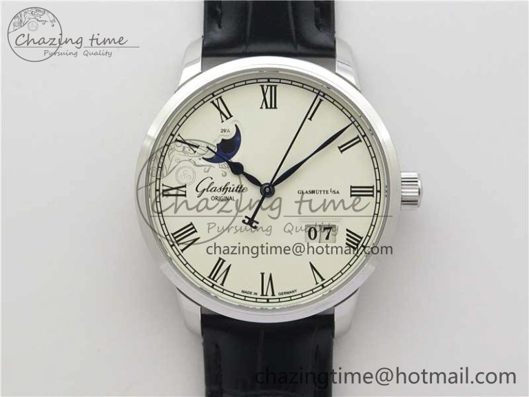 Excellence Panorama Date Moon Phase SS GLF 1:1 Best Edition White Dial on Black Leather Strap A Sleek 6620