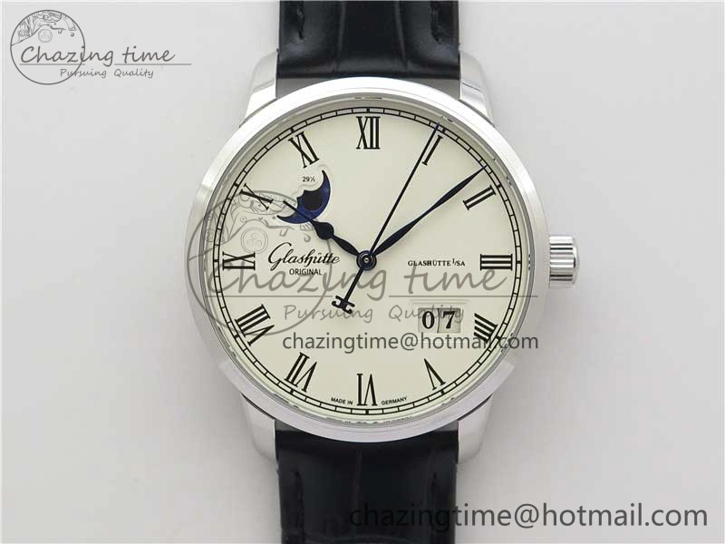 Excellence Panorama Date Moon Phase SS GLF 1:1 Best Edition White Dial on Black Leather Strap A Sleek 6620