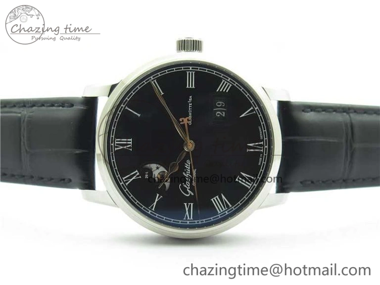 Excellence Panorama Date Moon Phase SS V9F Black Dial on Black Leather Strap A Stretchable 6621