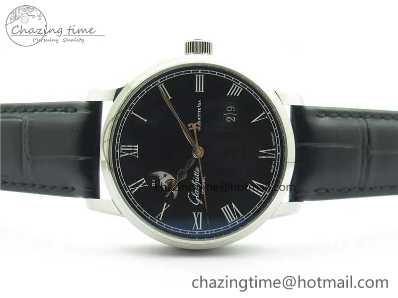 Excellence Panorama Date Moon Phase SS V9F Black Dial on Black Leather Strap A Stretchable 6621
