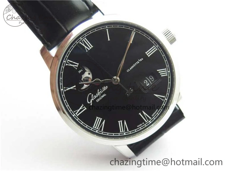Excellence Panorama Date Moon Phase SS V9F Black Dial on Black Leather Strap A Stretchable 6621