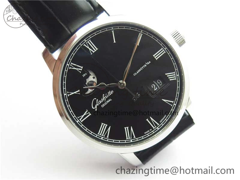 Excellence Panorama Date Moon Phase SS V9F Black Dial on Black Leather Strap A Stretchable 6621
