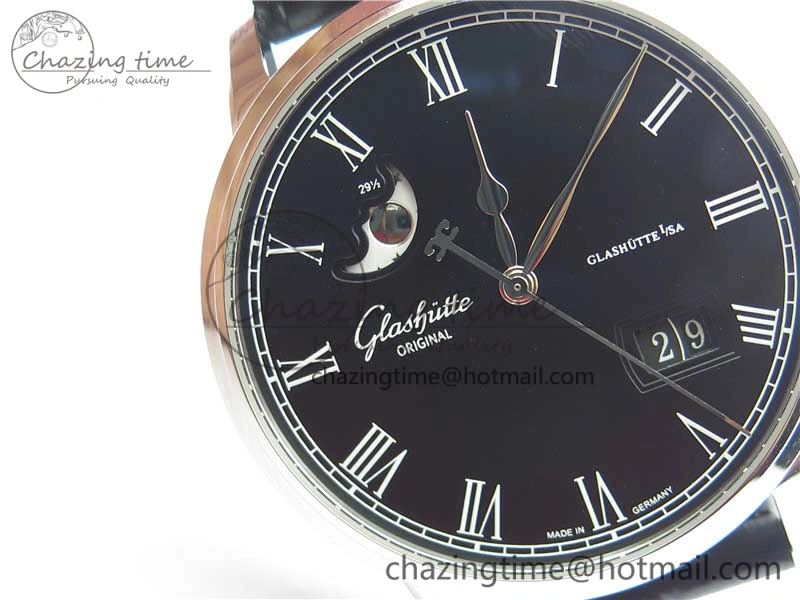 Excellence Panorama Date Moon Phase SS V9F Black Dial on Black Leather Strap A Stretchable 6621