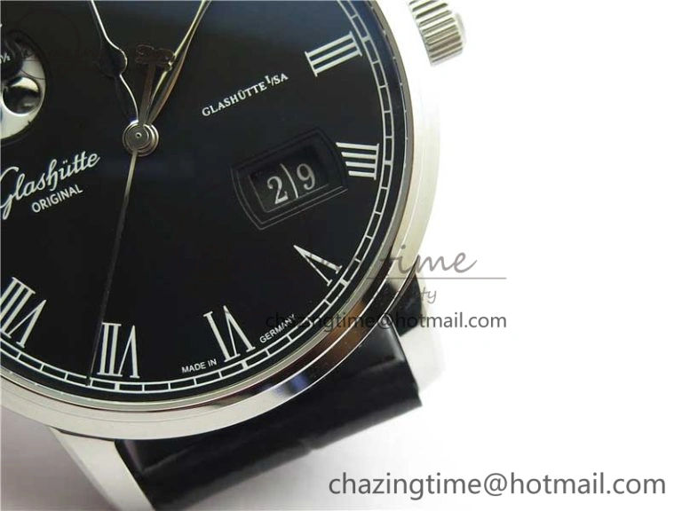 Excellence Panorama Date Moon Phase SS V9F Black Dial on Black Leather Strap A Stretchable 6621