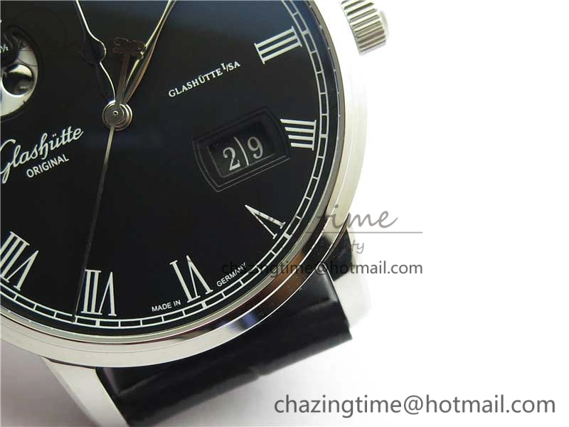 Excellence Panorama Date Moon Phase SS V9F Black Dial on Black Leather Strap A Stretchable 6621