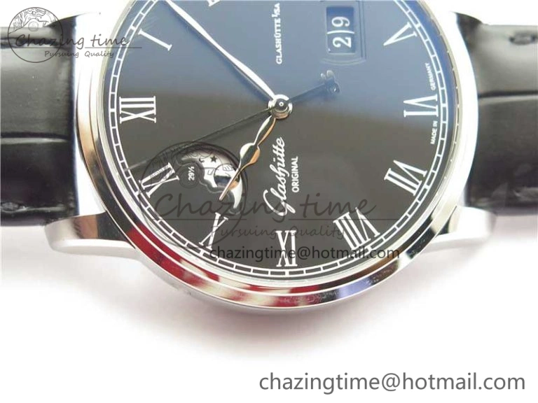 Excellence Panorama Date Moon Phase SS V9F Black Dial on Black Leather Strap A Stretchable 6621