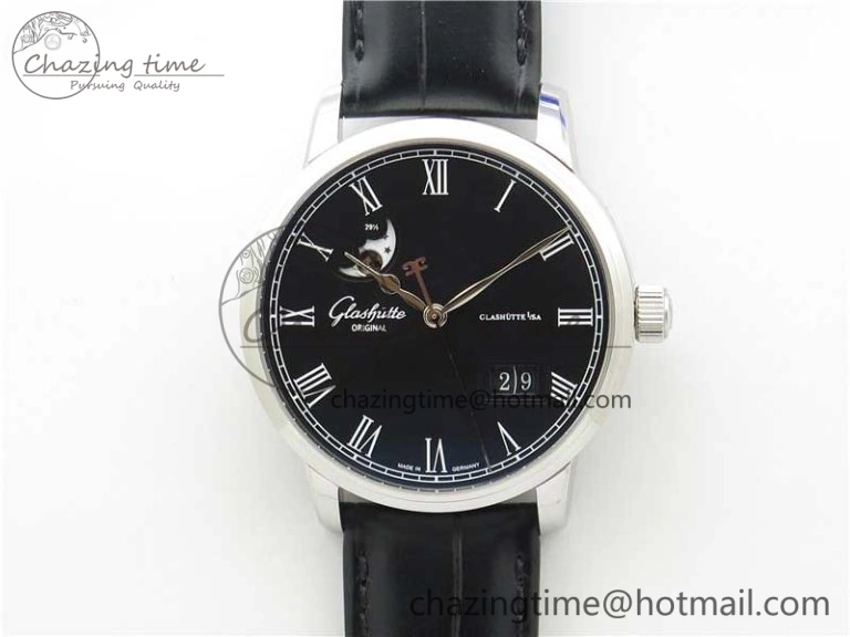 Excellence Panorama Date Moon Phase SS V9F Black Dial on Black Leather Strap A Stretchable 6621