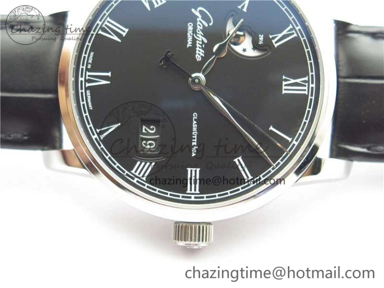 Excellence Panorama Date Moon Phase SS V9F Black Dial on Black Leather Strap A Stretchable 6621