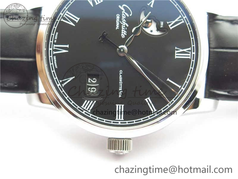 Excellence Panorama Date Moon Phase SS V9F Black Dial on Black Leather Strap A Stretchable 6621