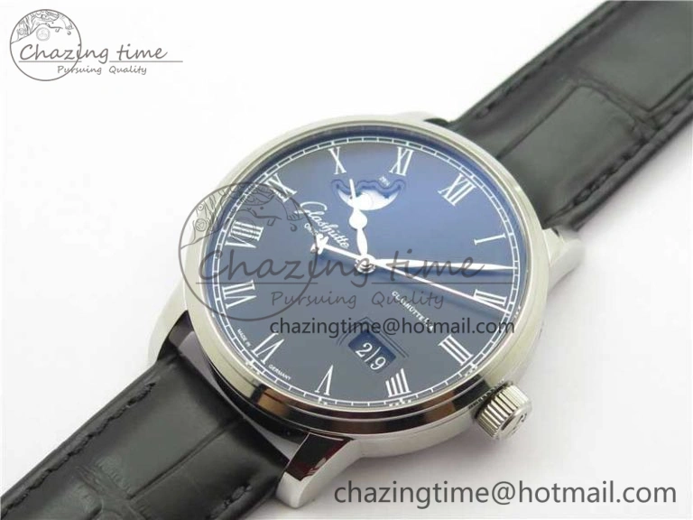 Excellence Panorama Date Moon Phase SS V9F Black Dial on Black Leather Strap A Stretchable 6621