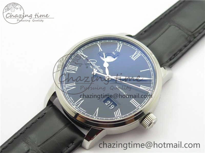 Excellence Panorama Date Moon Phase SS V9F Black Dial on Black Leather Strap A Stretchable 6621