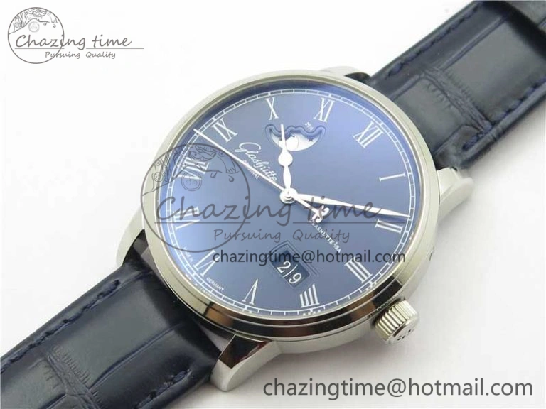 Excellence Panorama Date Moon Phase SS V9F Blue Dial on Blue Leather Strap A Affordable 6622