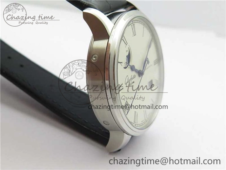 ModernLook Excellence Panorama Date Moon Phase SS V9F White Dial on Black Leather Strap A 6625