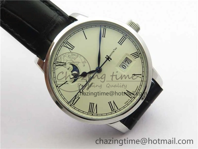 ModernLook Excellence Panorama Date Moon Phase SS V9F White Dial on Black Leather Strap A 6625