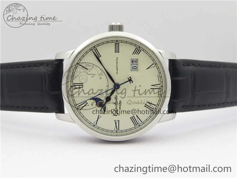 ModernLook Excellence Panorama Date Moon Phase SS V9F White Dial on Black Leather Strap A 6625