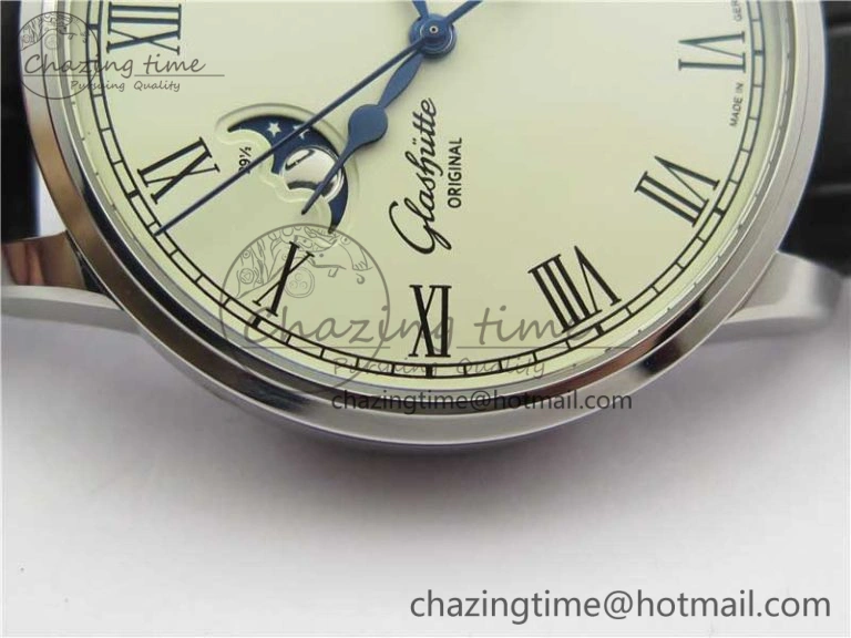 ModernLook Excellence Panorama Date Moon Phase SS V9F White Dial on Black Leather Strap A 6625