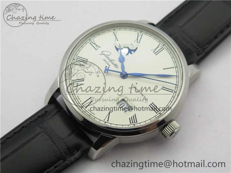 ModernLook Excellence Panorama Date Moon Phase SS V9F White Dial on Black Leather Strap A 6625