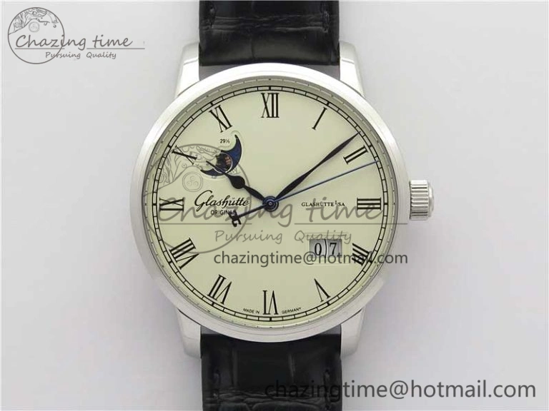 ModernLook Excellence Panorama Date Moon Phase SS V9F White Dial on Black Leather Strap A 6625