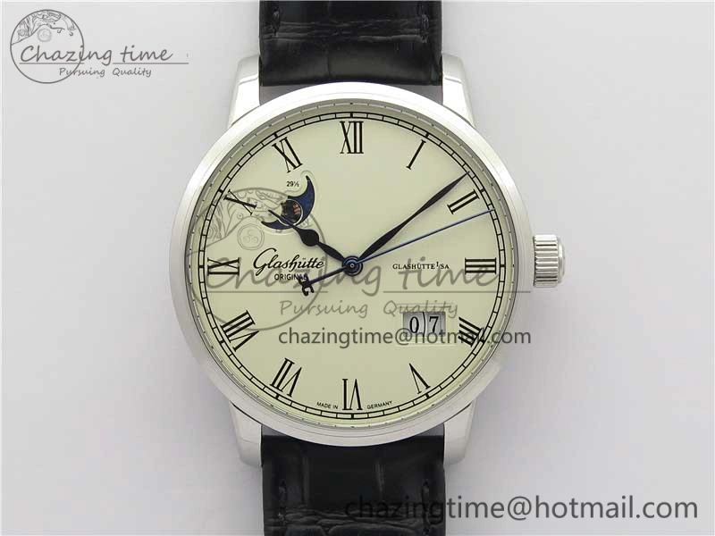 ModernLook Excellence Panorama Date Moon Phase SS V9F White Dial on Black Leather Strap A 6625