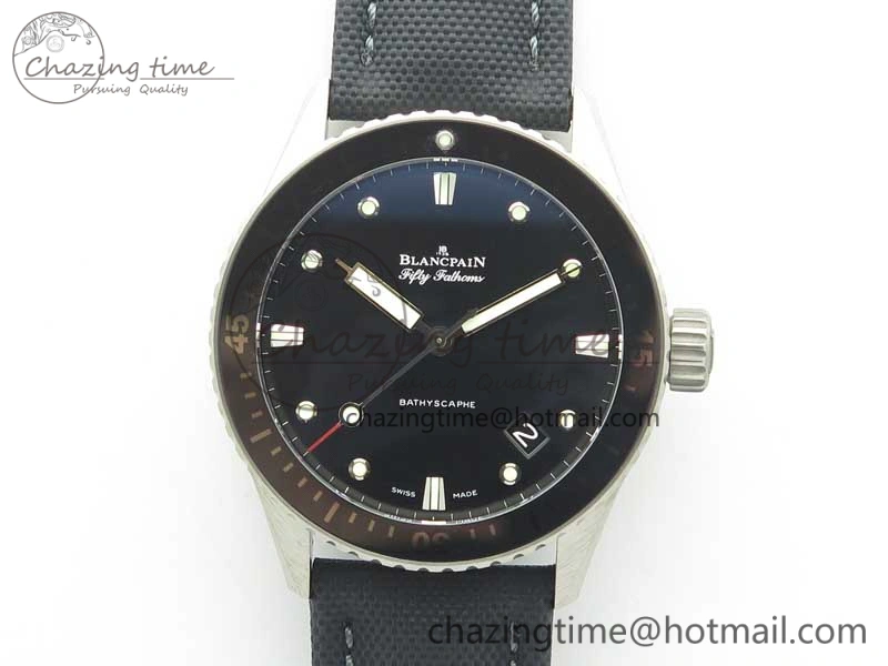 Fifty Fathoms Bathyscaphe 43mm SS GF 1:1 Best Edition Black Dial on Sail-canvas Strap A HighPerformance 5286