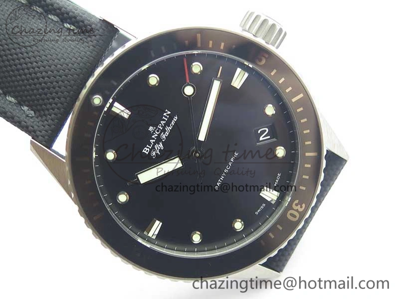 Fifty Fathoms Bathyscaphe 43mm SS GF 1:1 Best Edition Black Dial on Sail-canvas Strap A HighPerformance 5286
