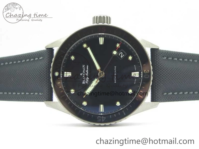 Fifty Fathoms Bathyscaphe 43mm SS GF 1:1 Best Edition Black Dial on Sail-canvas Strap A HighPerformance 5286