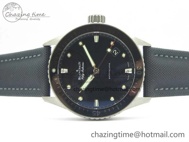 Fifty Fathoms Bathyscaphe 43mm SS GF 1:1 Best Edition Black Dial on Sail-canvas Strap A HighPerformance 5286