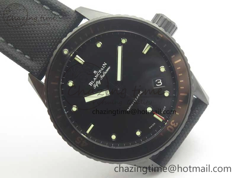 HighQuality Fifty Fathoms Bathyscaphe Black Ceramic GF 1:1 Best Edition Black Dial on Black Sail-Canvas Strap A1315 (Free Rubber Strap) 5287