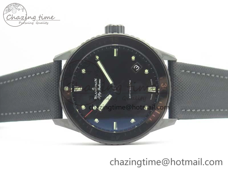 HighQuality Fifty Fathoms Bathyscaphe Black Ceramic GF 1:1 Best Edition Black Dial on Black Sail-Canvas Strap A1315 (Free Rubber Strap) 5287