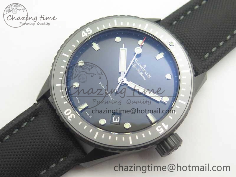 HighQuality Fifty Fathoms Bathyscaphe Black Ceramic GF 1:1 Best Edition Black Dial on Black Sail-Canvas Strap A1315 (Free Rubber Strap) 5287