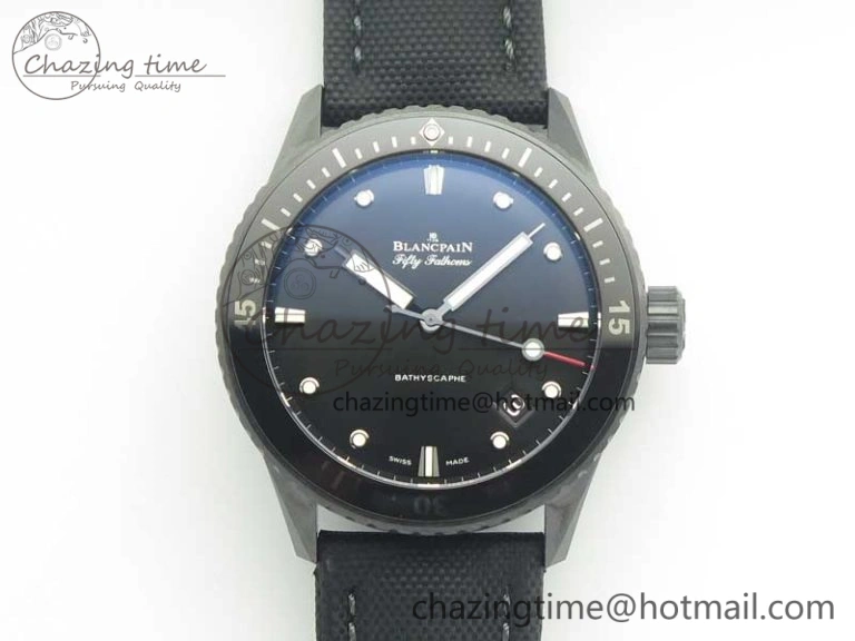 HighQuality Fifty Fathoms Bathyscaphe Black Ceramic GF 1:1 Best Edition Black Dial on Black Sail-Canvas Strap A1315 (Free Rubber Strap) 5287