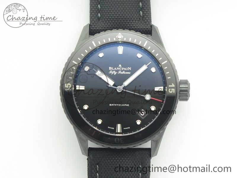 HighQuality Fifty Fathoms Bathyscaphe Black Ceramic GF 1:1 Best Edition Black Dial on Black Sail-Canvas Strap A1315 (Free Rubber Strap) 5287