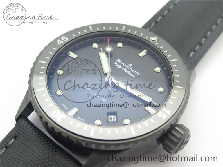 WellDesigned Fifty Fathoms Bathyscaphe Black Ceramic ZF 1:1 Best Edition Black Dial on Black Sail-Canvas Strap A 5274