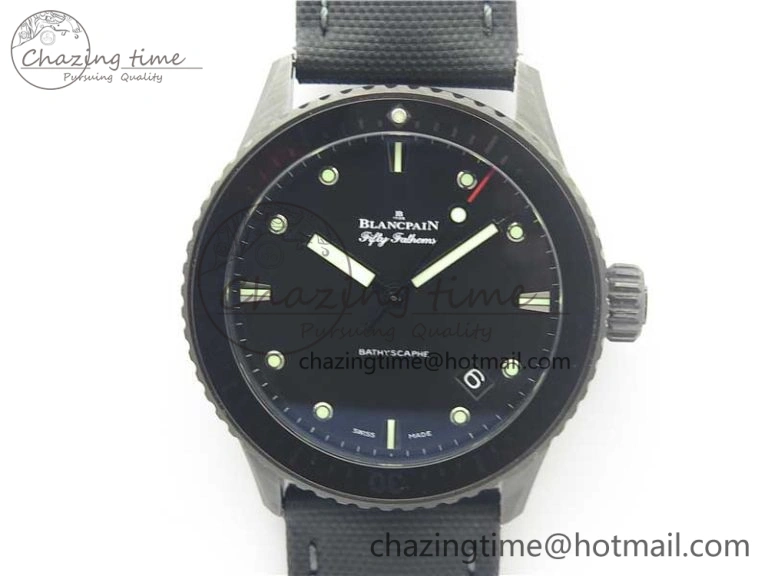 WellDesigned Fifty Fathoms Bathyscaphe Black Ceramic ZF 1:1 Best Edition Black Dial on Black Sail-Canvas Strap A 5274