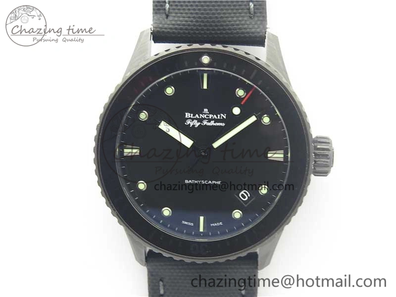 WellDesigned Fifty Fathoms Bathyscaphe Black Ceramic ZF 1:1 Best Edition Black Dial on Black Sail-Canvas Strap A 5274