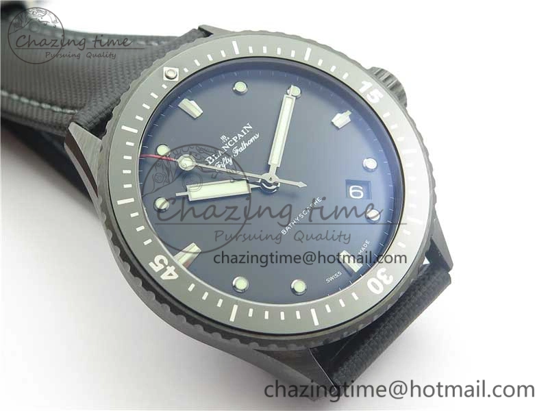 WellDesigned Fifty Fathoms Bathyscaphe Black Ceramic ZF 1:1 Best Edition Black Dial on Black Sail-Canvas Strap A 5274