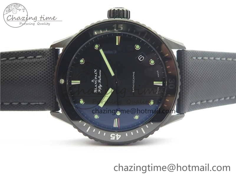 WellDesigned Fifty Fathoms Bathyscaphe Black Ceramic ZF 1:1 Best Edition Black Dial on Black Sail-Canvas Strap A 5274
