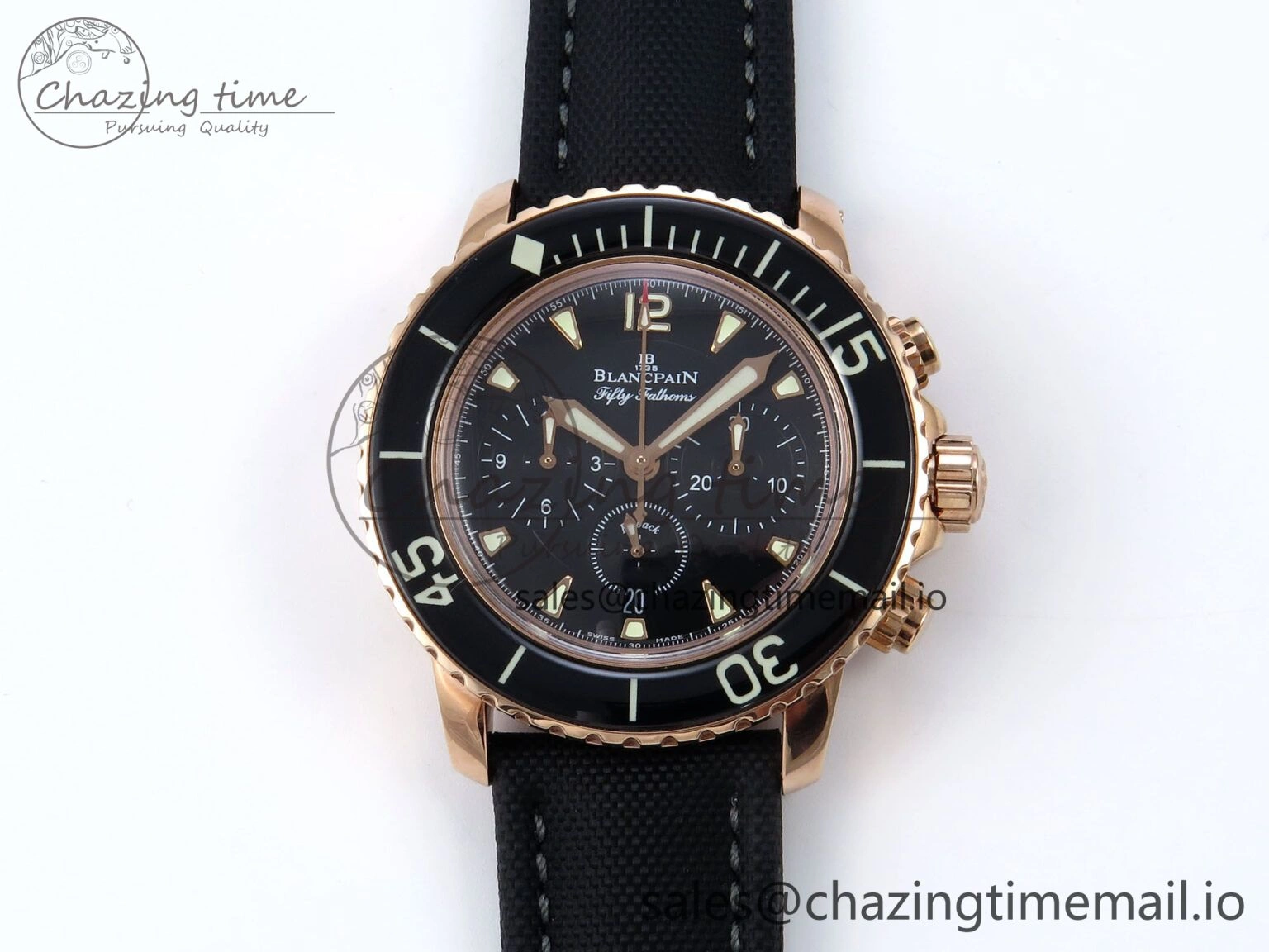 AllSeason Fifty Fathoms Chrono RG OMF 1:1 Best Edition Black Dial on Black Sail-canvas Strap A 5258